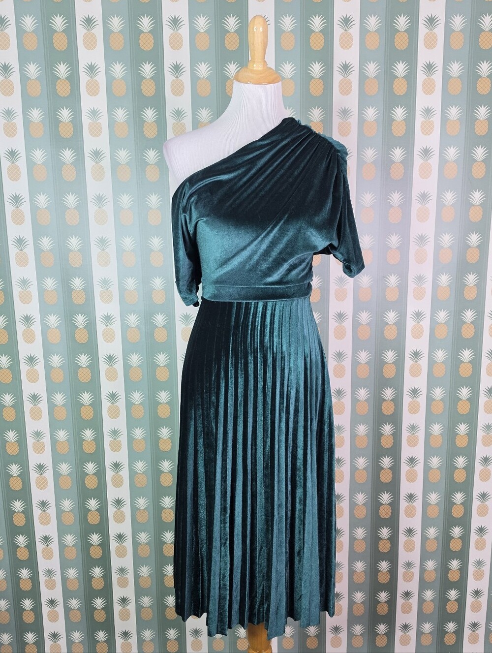 Asos One-Shoulder Emerald Velvet Pleated Dress